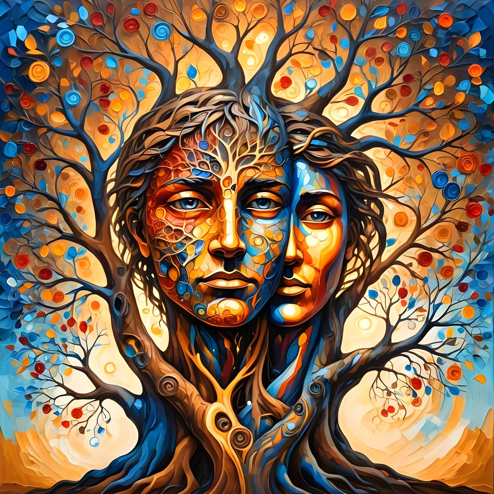 Tree of Life: Faces in Earthy and Vibrant Tones