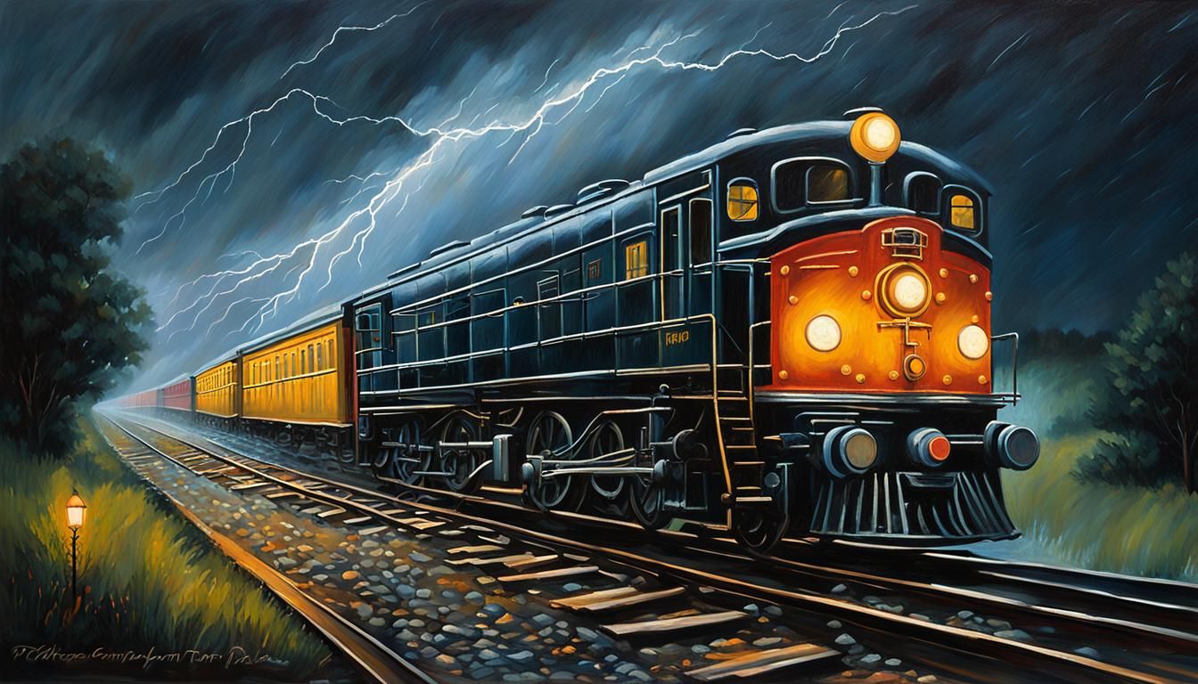 Vintage Train in Stormy Night, Oil Painting