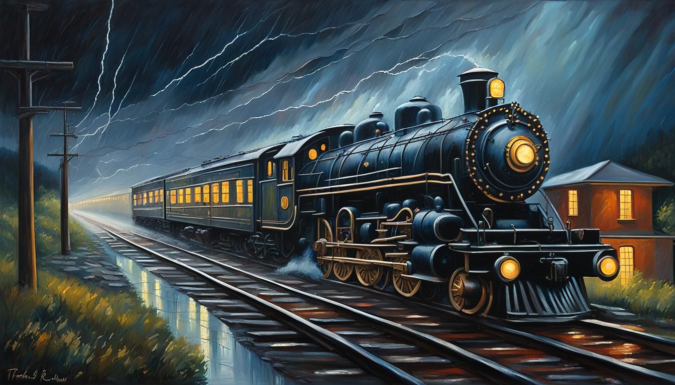 Vintage Train Speeding Through Stormy Night: Oil Painting