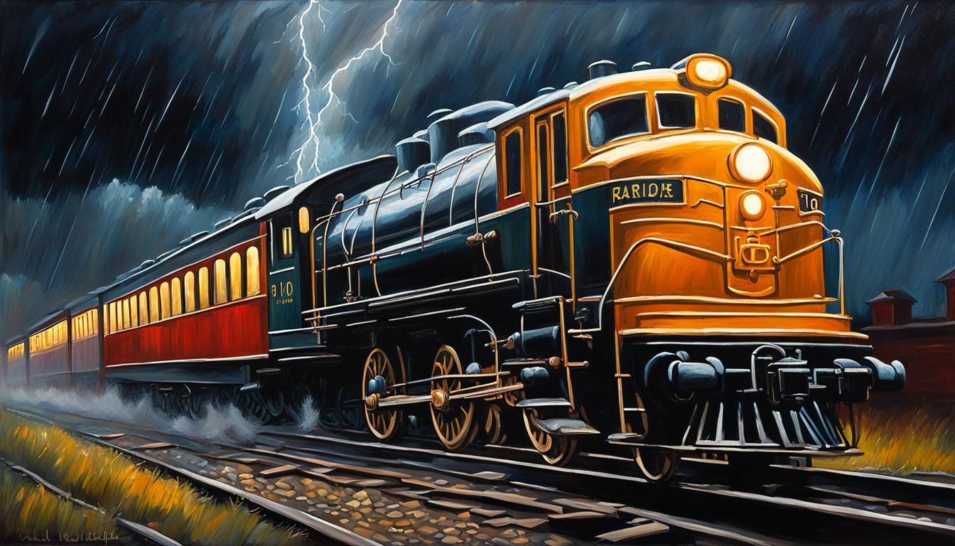 Vintage Train in Stormy Night, Oil on Canvas