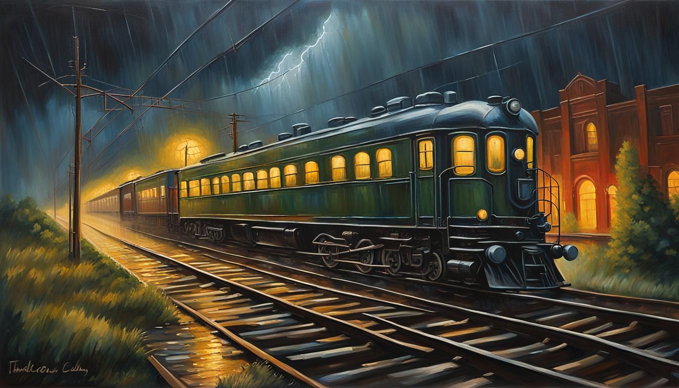 Vintage Train in Stormy Night, Oil Painting