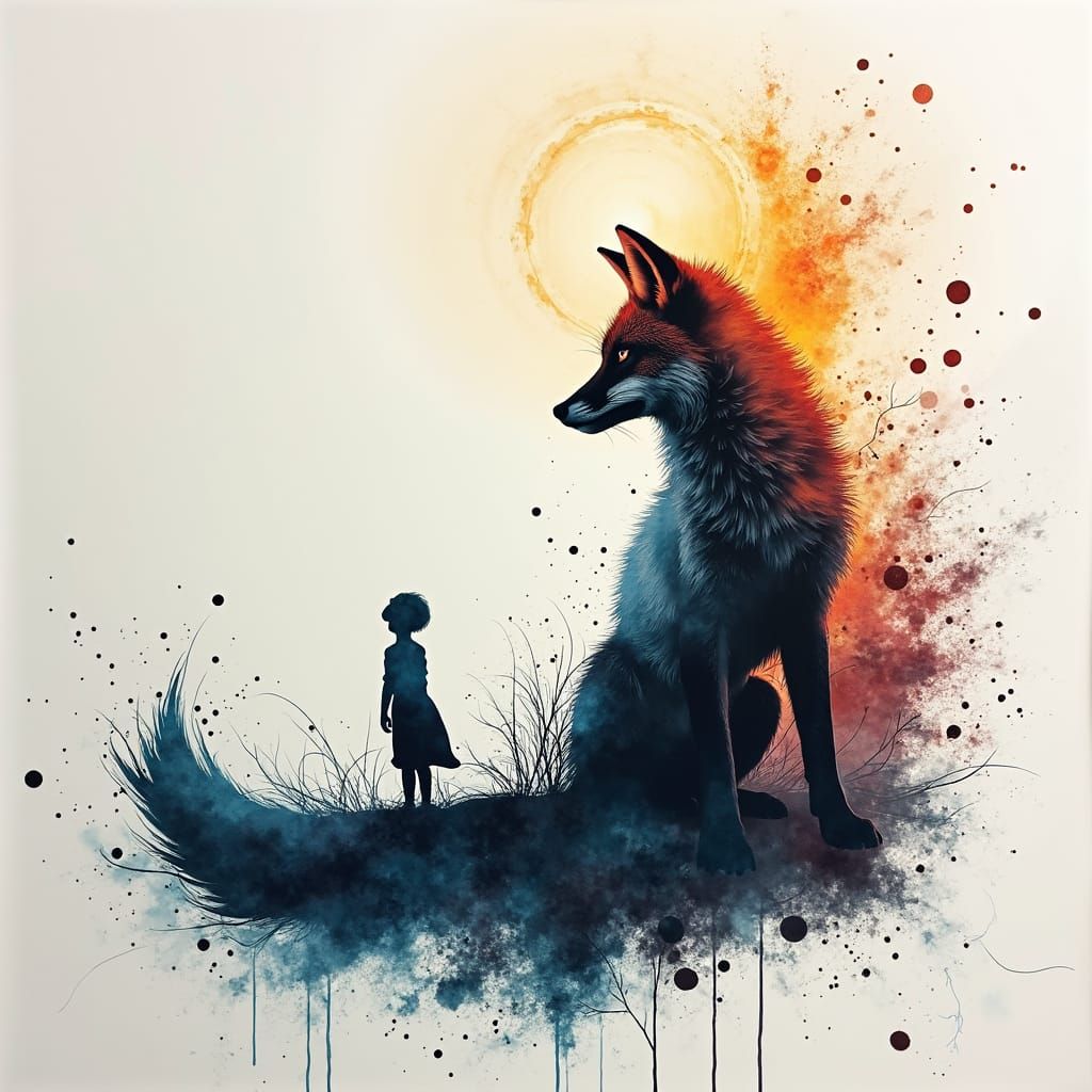 Astral Crystal Fox in Ink Splatter Landscape