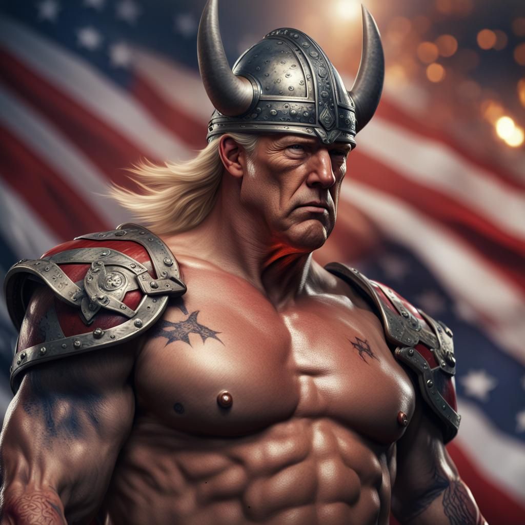 Trump as Viking Warrior with USA Flag Tattoos