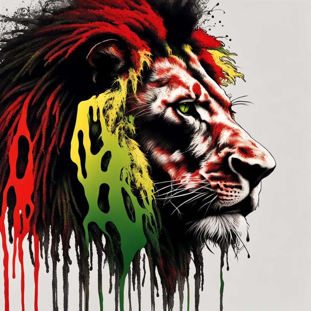 black ink drip and selective red green and yellow rasta lion