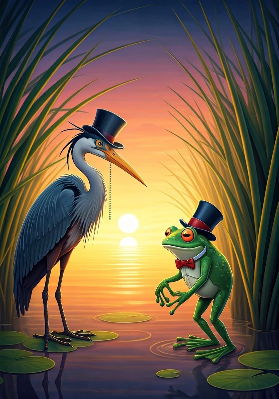 Elegant Heron Meets Chivalrous Frog in Dawn's Swamp
