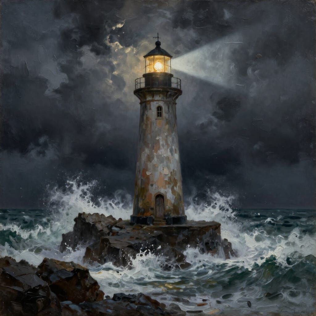 Solitary Lighthouse in Stormy Seas Oil Painting