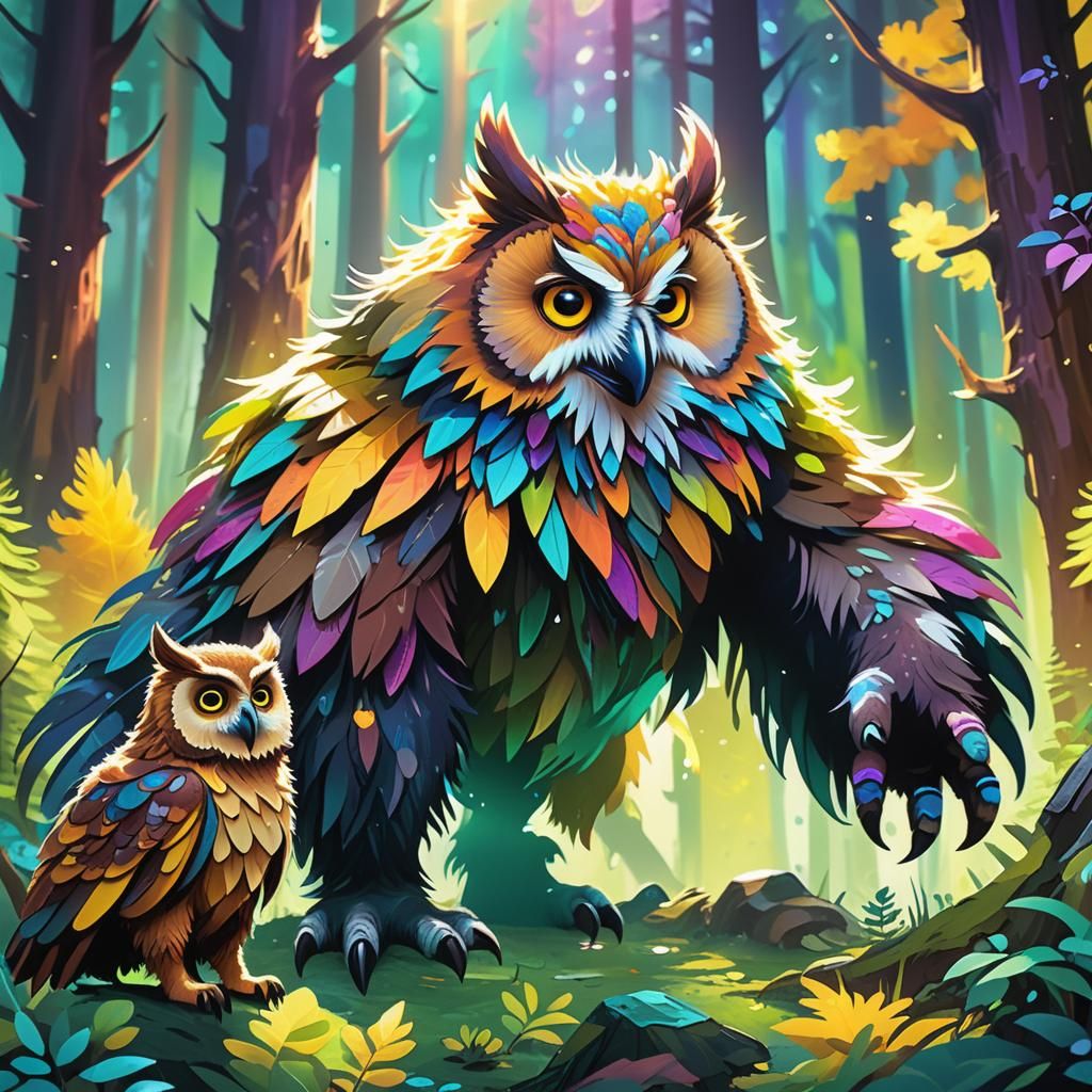 Owlbear and Furry Friends in Vibrant Forest
