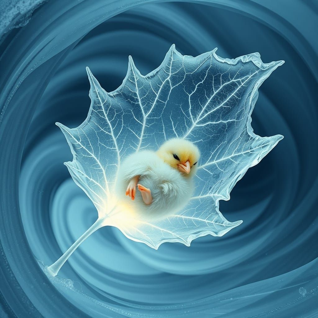 Surreal Chick Sanctuary in Frozen Leaf Amidst Dreamlike Wave