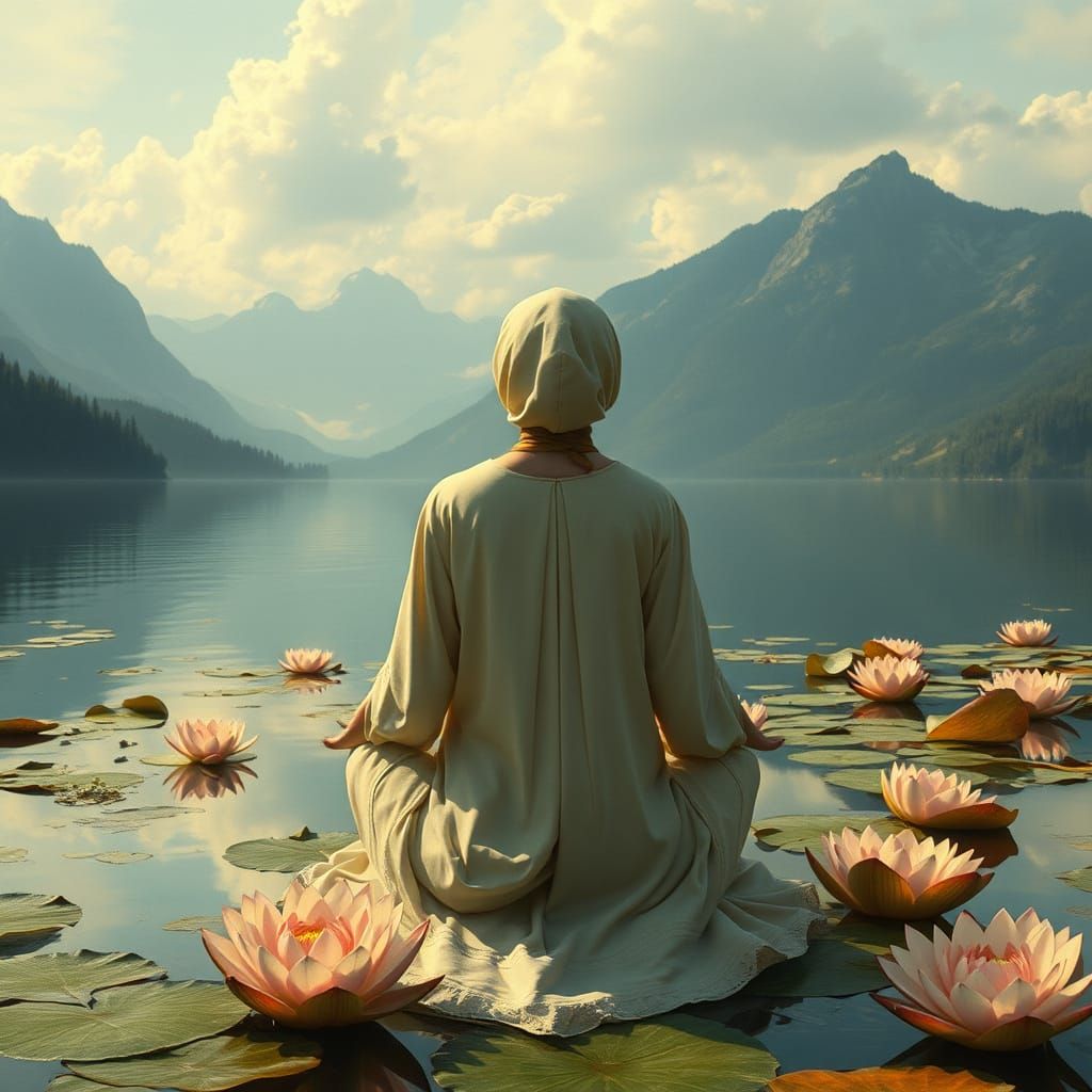 Monastic Figure Meditating by Lake, Romantic Style