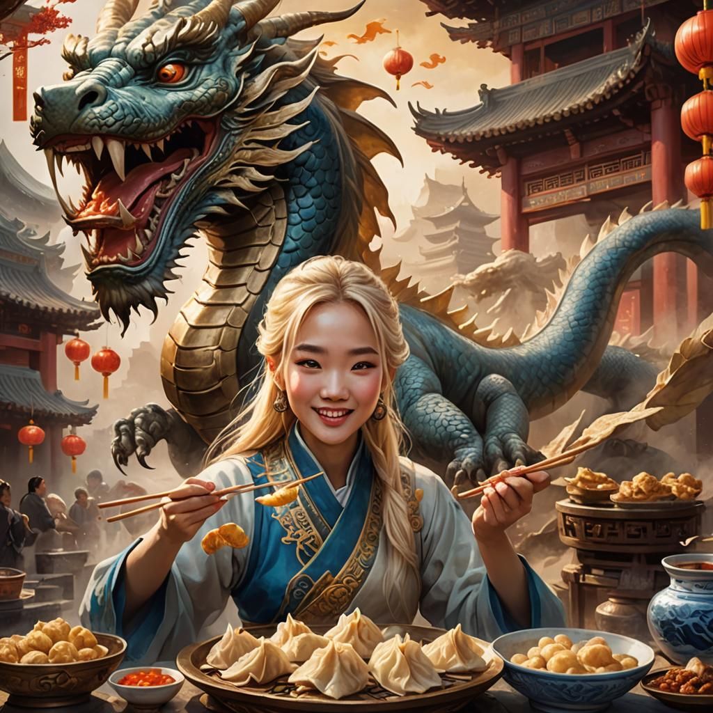 Girl Eating Dumplings with Dragon in China