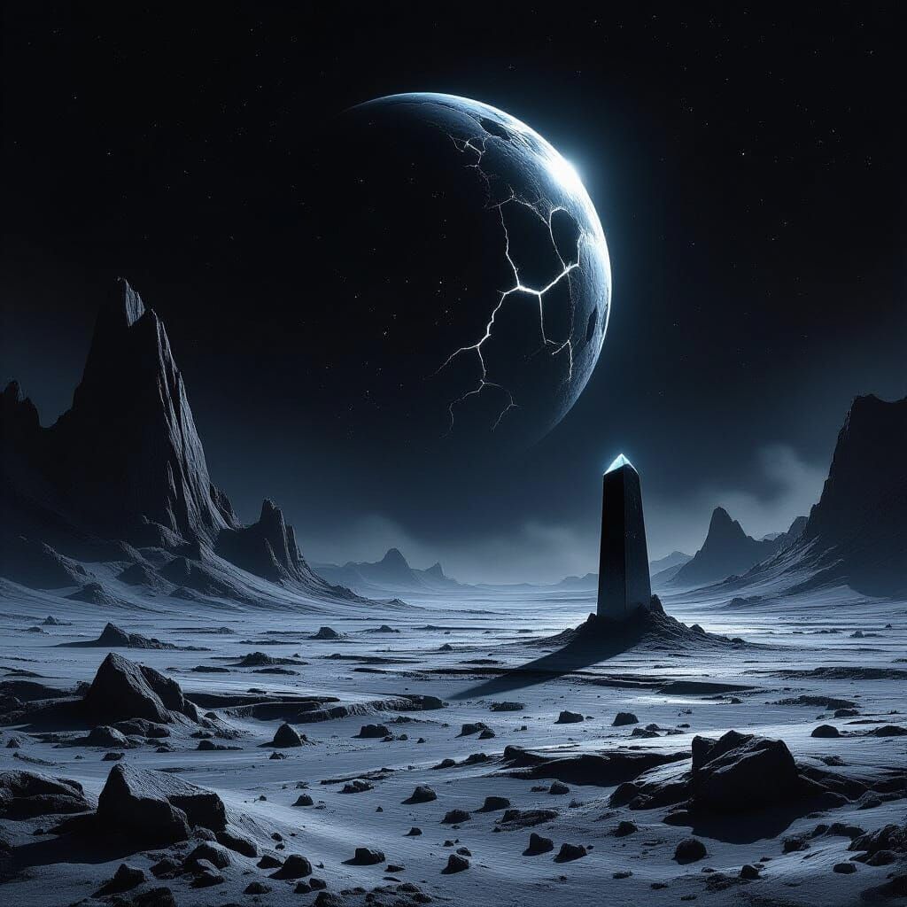 Alien Moon Surface Under Shattered Planet Glow