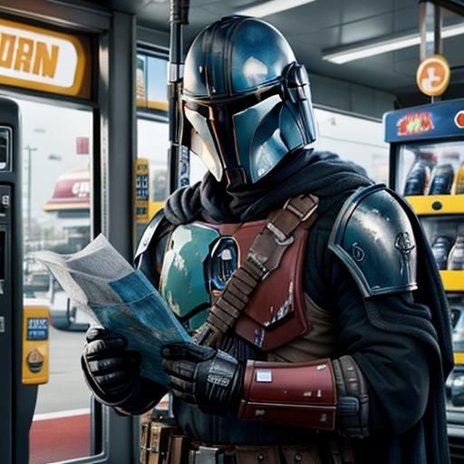 Mandalorian Consults Street Map in Gas Station