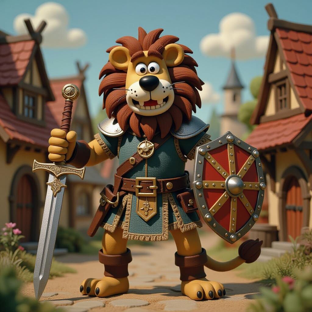 Claymation Lion Fighter in Medieval Village - Aardman Style