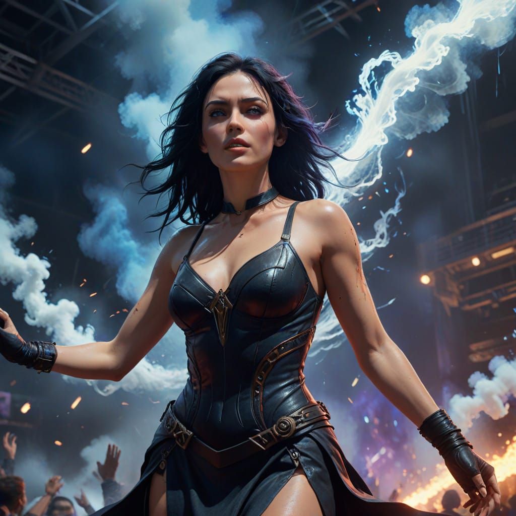 Electric Goddess on Stage in High-Octane Fantasy