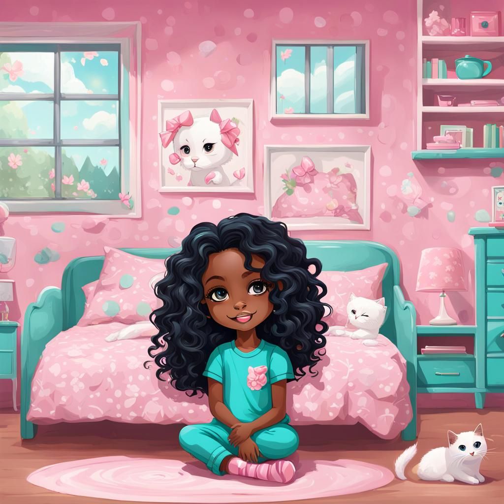 Chibi Girl with Cat in Luxury Bedroom, Vector Art