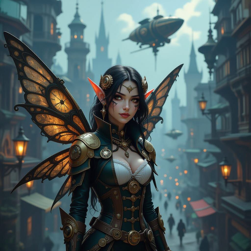 Steampunk Elf Navigates Clockwork Metropolis