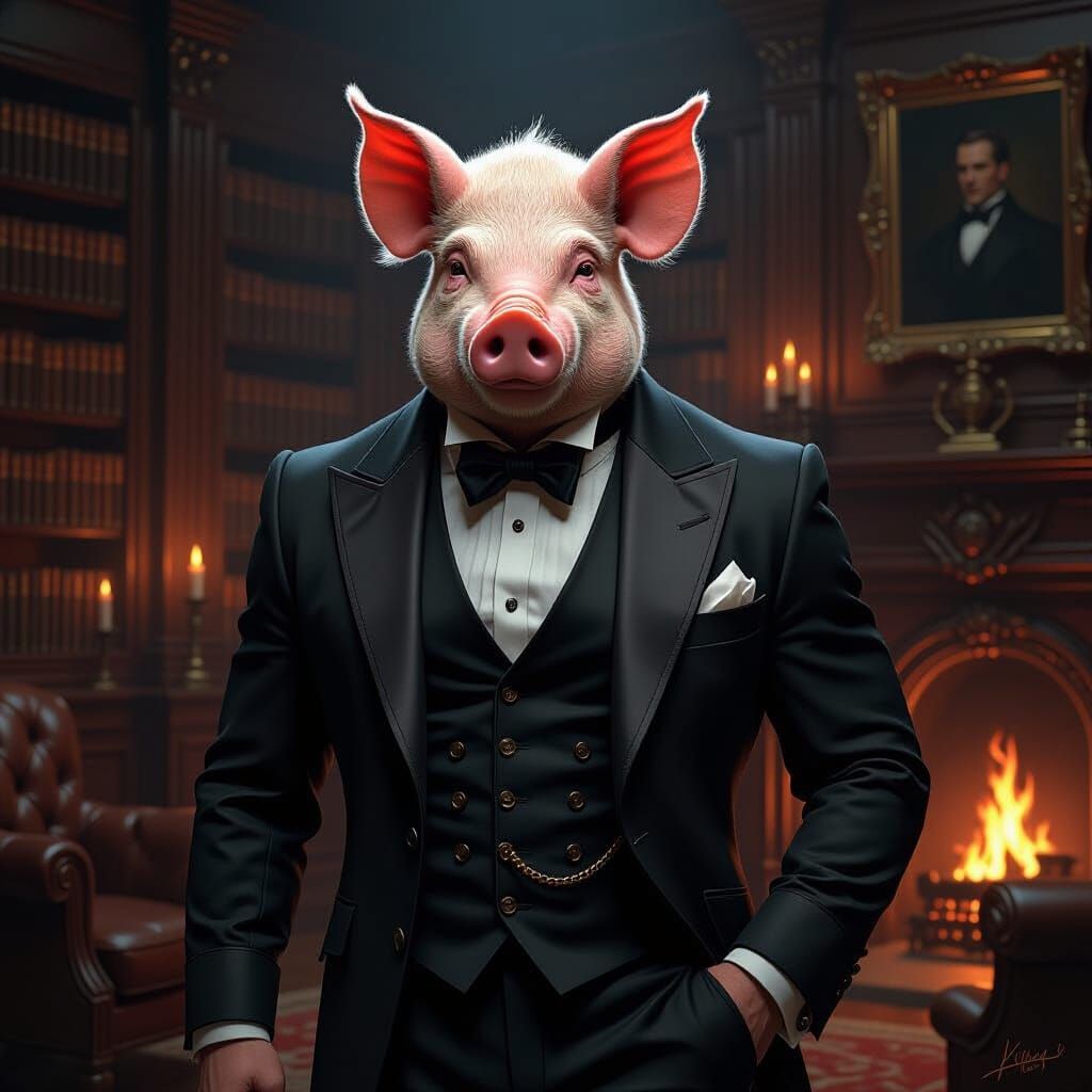 Victorian Man with Pig Head in Dark Fantasy Style