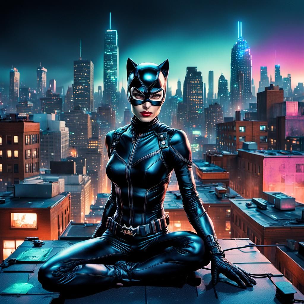 Hyperrealistic Catwoman on Rooftop in Jim Lee Style