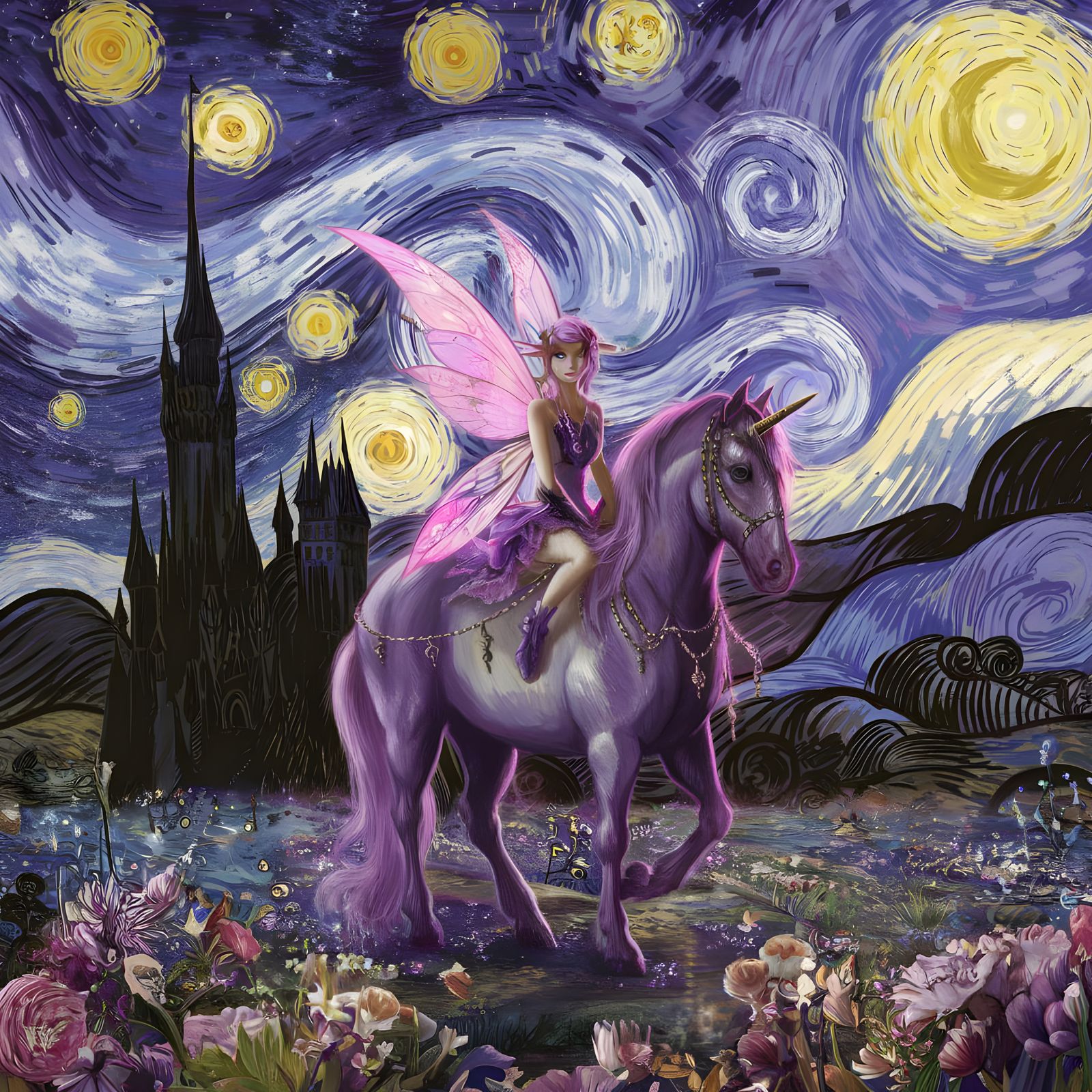 Fairy on Unicorn in Starry Night Scene