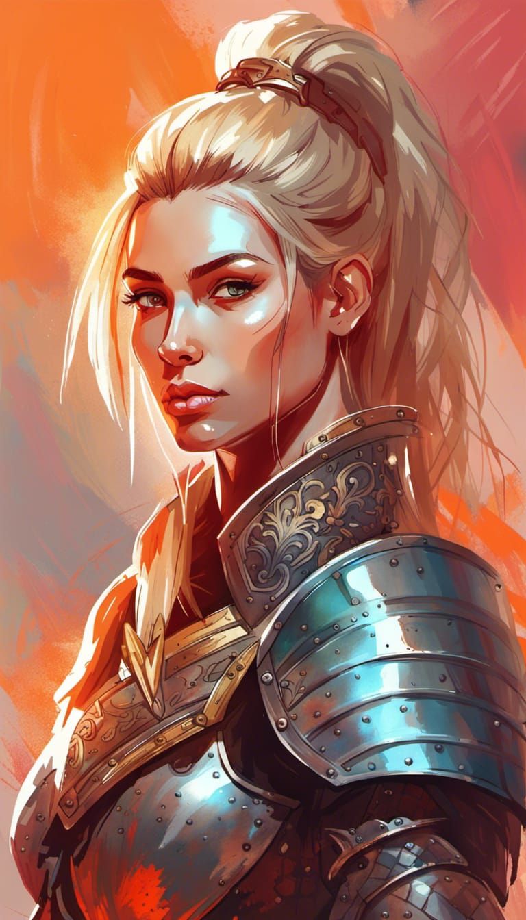 Armored Female Warlord Portrait in Watercolor Style