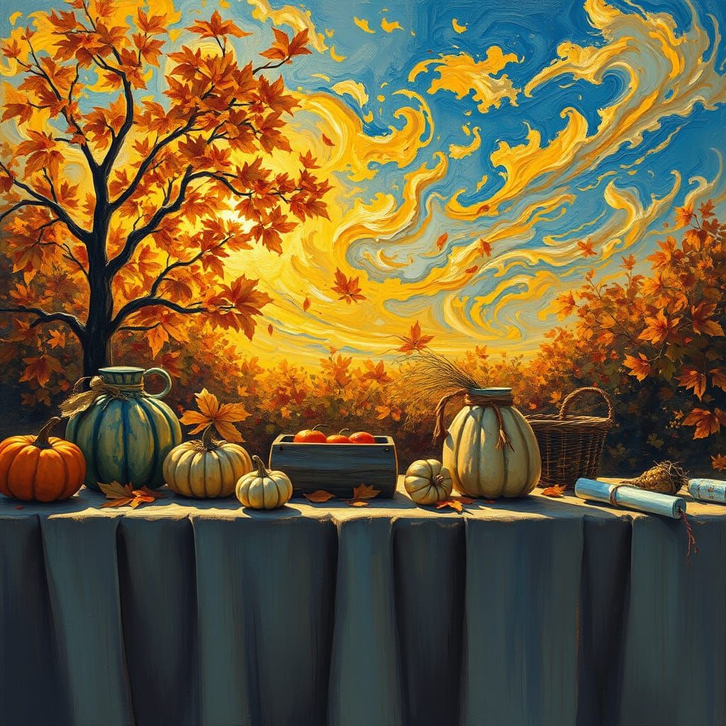 Fall Harvest Gifts in Golden Hour Light, Neo-Impressionist S...