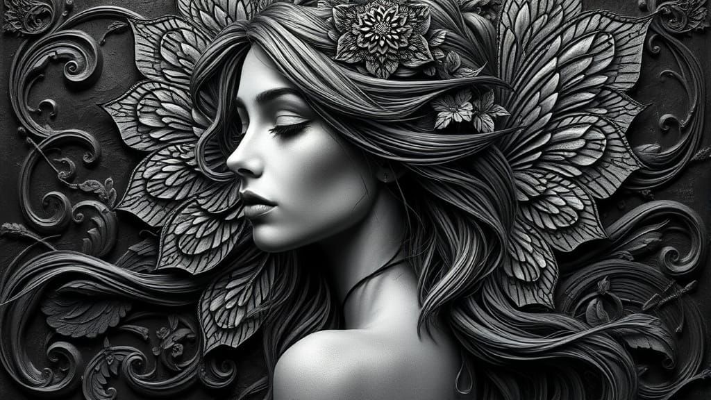 Sensual Fairy Portrait in Charcoal Bas Relief