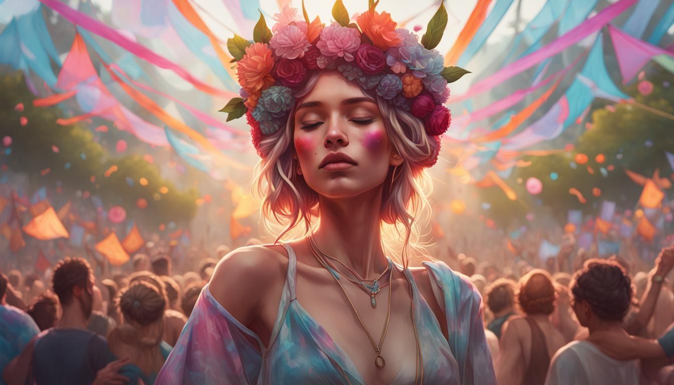 Woman with Flower Crown at Festival, Hyperdetailed Art