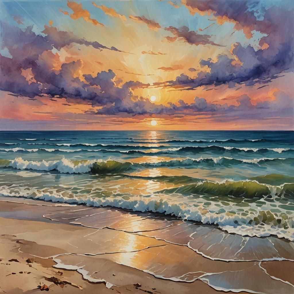 Sunset Beach Oil Painting in Impressionist Style