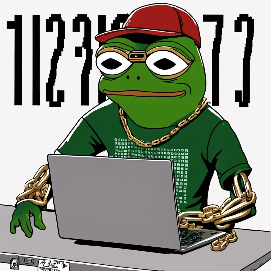 Make a meme of pepe the frog with computer binary code as background, when pepe is 
sitting behind his laptop hacking, a...