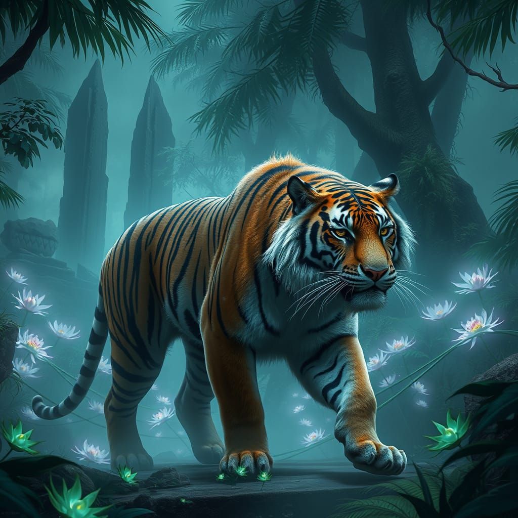Bioluminescent Jungle Tiger: Hyperrealistic Digital Art