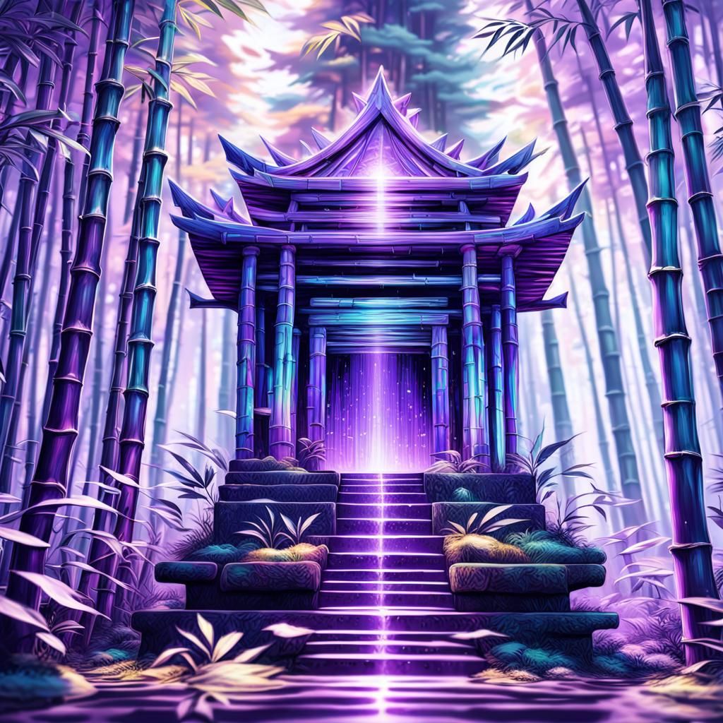 Surreal Shrine in Metallic Bamboo Forest: Hyperrealistic Art
