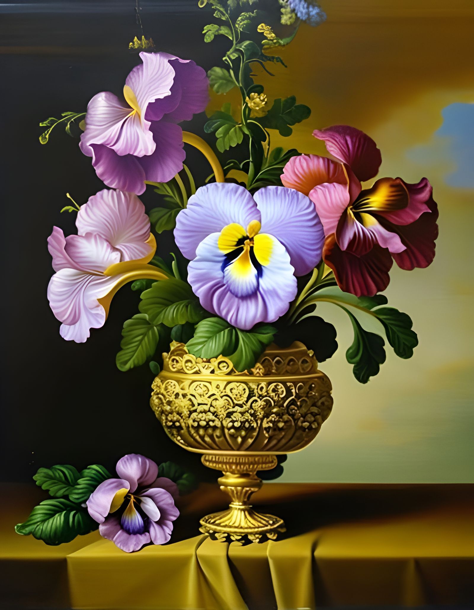 Bouquet of Intricate Swirl Purple Pansies in Antique Gold Va...