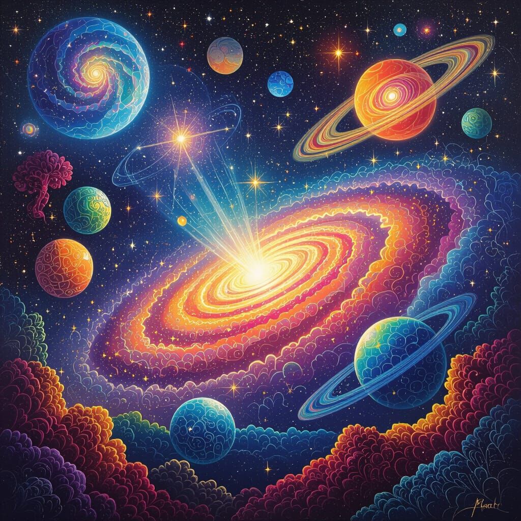 Vibrant Cosmic Astral Scene in Mixed Media