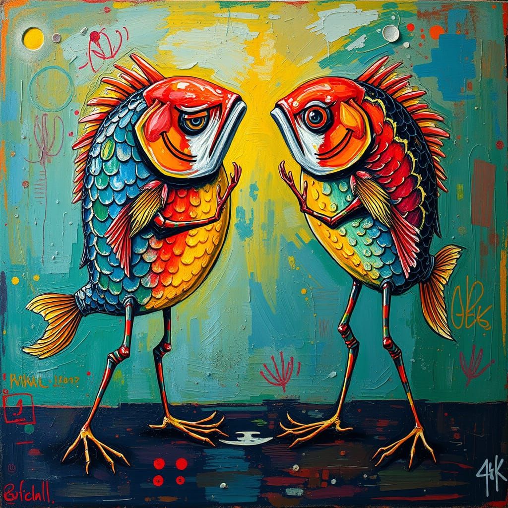 Abstract Impasto Painting of Boxing Fish with Legs