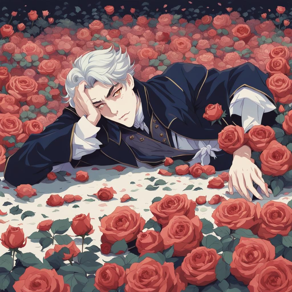 Portrait of Anime villain lying on the ground surrounded by faded roses