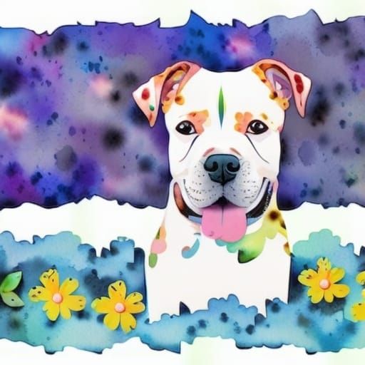 Happy Pitbull Dog in Watercolor Spring Art