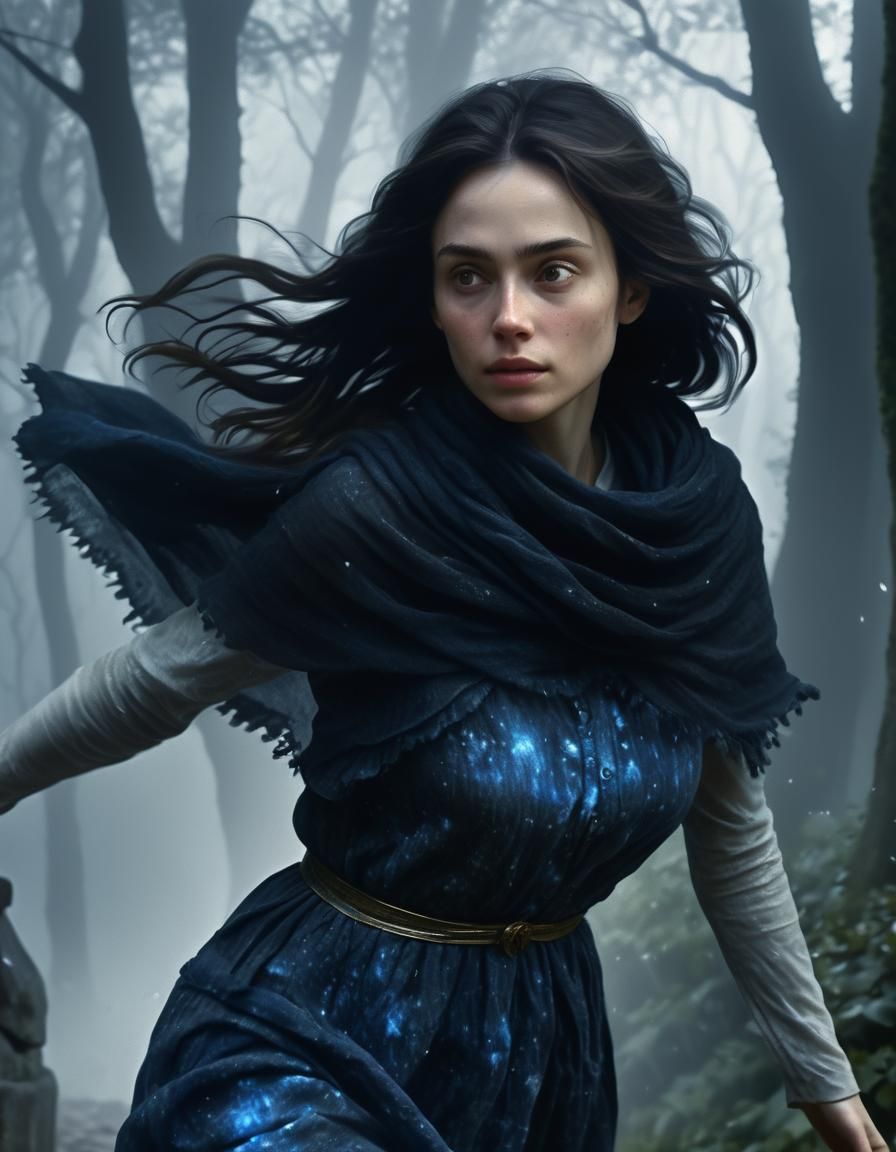 Chiaroscuro Woman Runs Through Forest in Renaissance Style