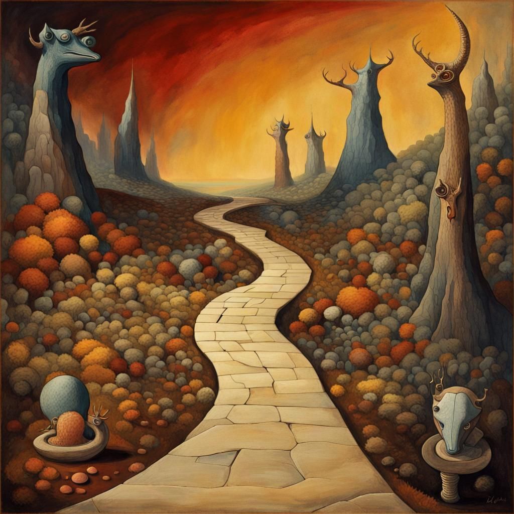 Surreal Winding Path in Dreamlike Dark Fantasy Style