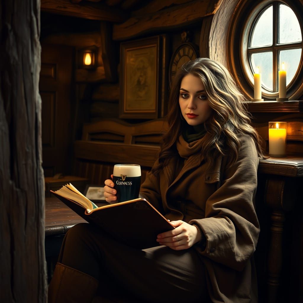 Woman Reading with Guinness in Rustic Snug