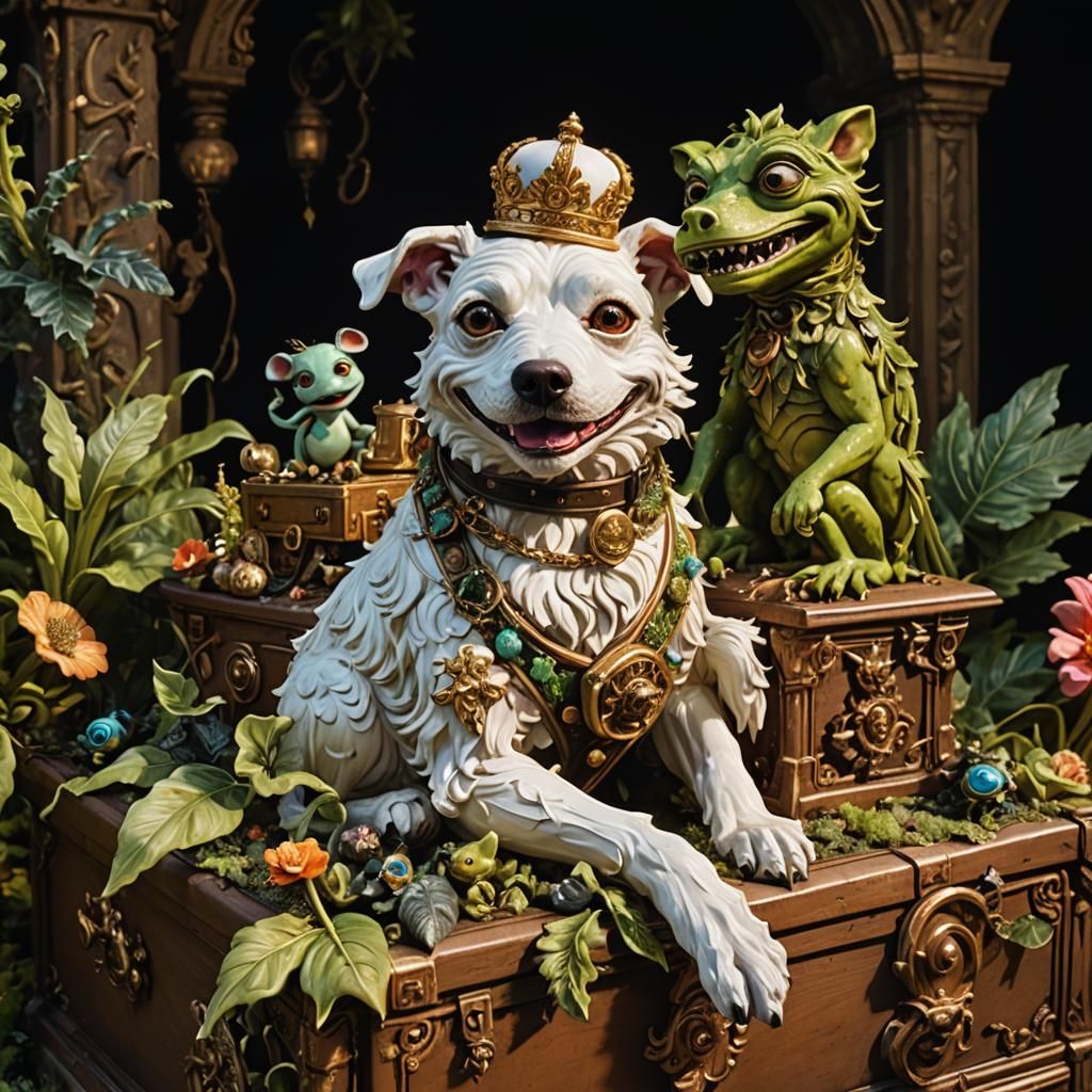 A white dog with a pepe the frog friend sitting on a treasur...