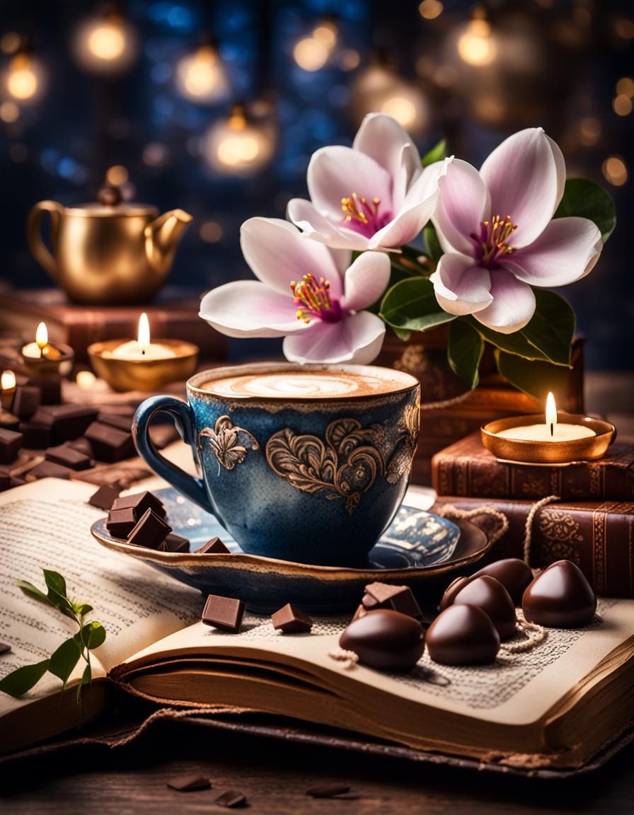 Hyperrealistic Still Life with Magnolias and Chocolates