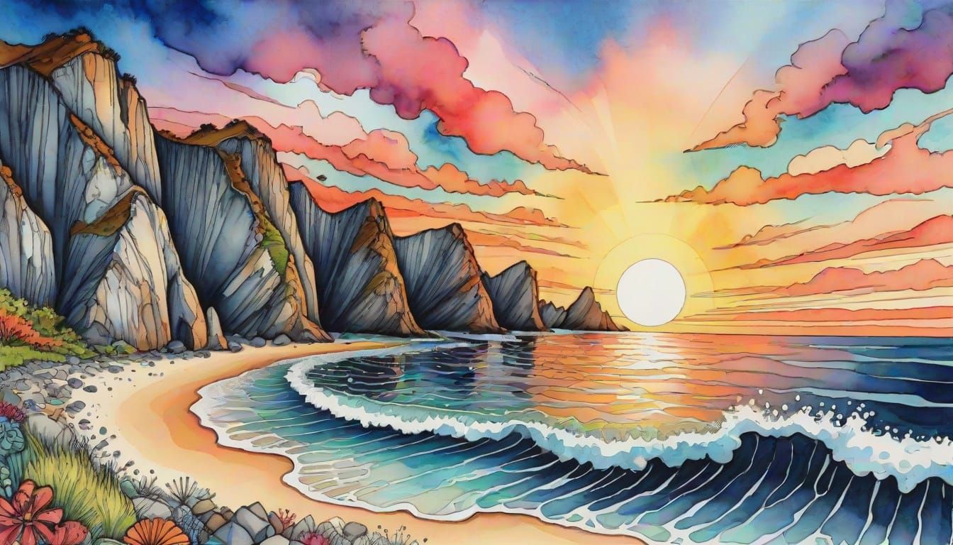 Spectacular Sunset over Abstract Beach Landscape in Zentangl...