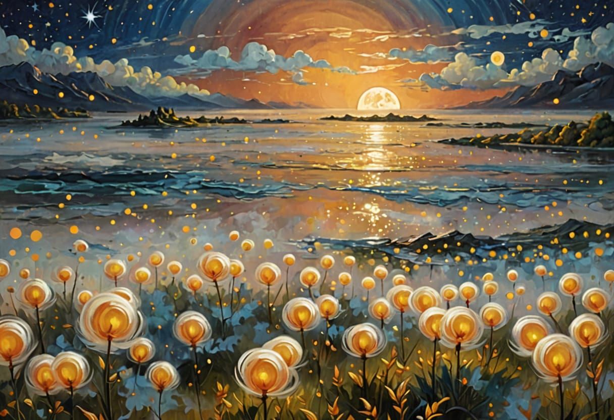 Enchanting Night Sky with Giant Moon: Oil Painting