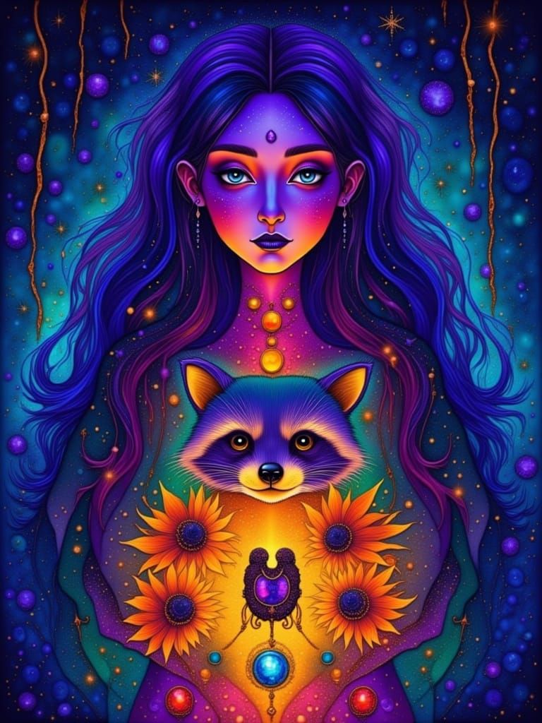 Witch and Raccoon Familiar in Paintlike Alcohol Ink Style