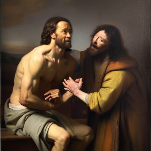 Jesus playing pattycake with Hugh Jackman, AN ULTRA-REALISTIC, IN THE STYLE OF REMBRANDT"