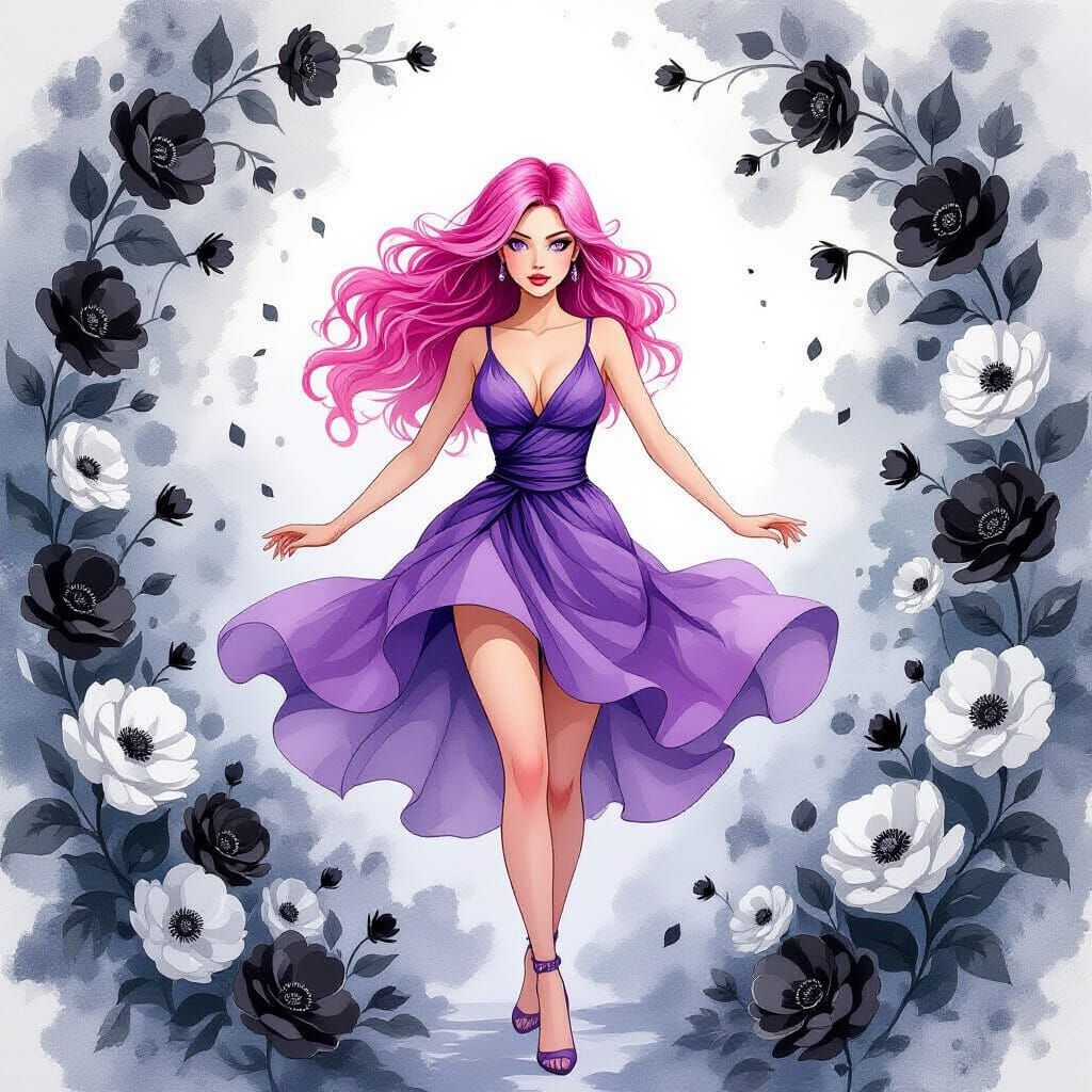 Pink Haired Woman Dancing in Watercolor Flower Room