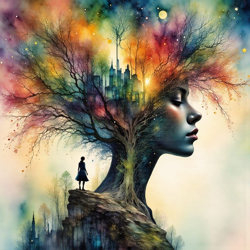 Galaxy Drips into Cityscape Silhouette