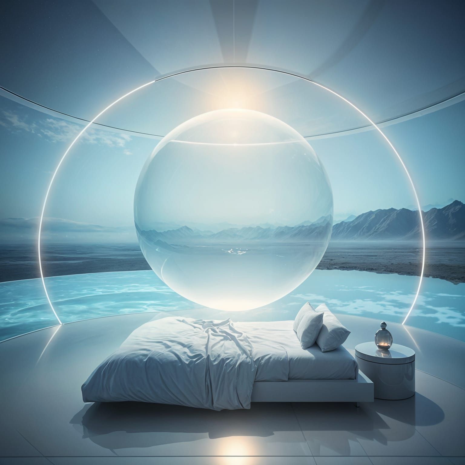 Luminous Floating Bedroom in Surreal Dreamscape