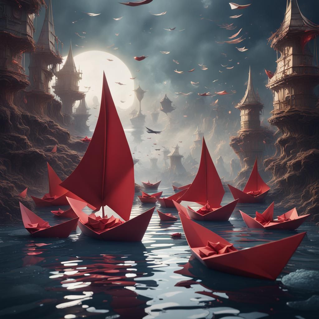 Fantastical Paper Boats in Detailed Digital Painting