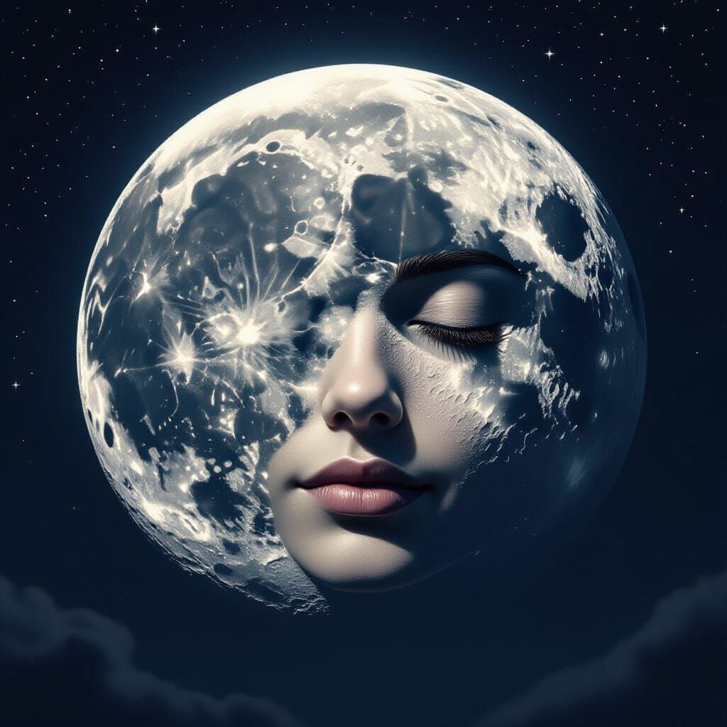 Hyperrealistic Moon with Human Face in Starry Sky